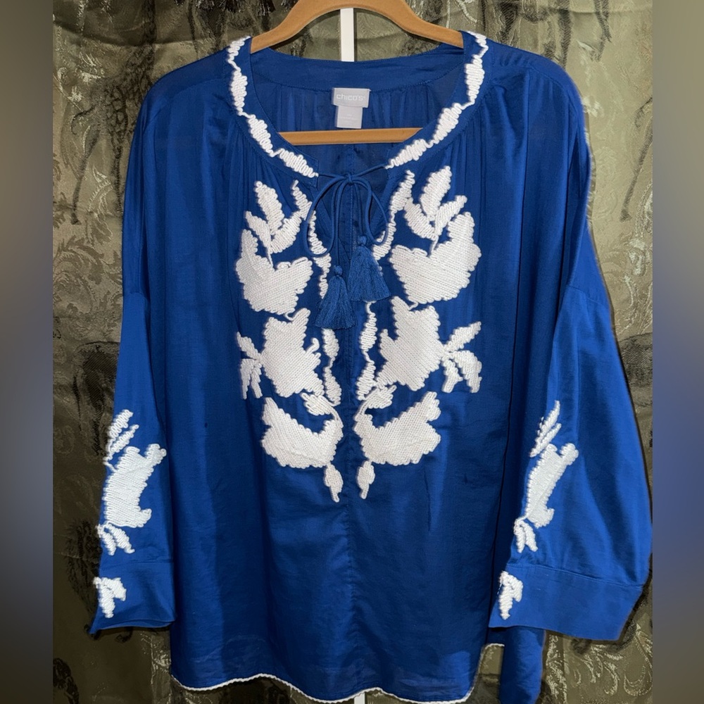 Chico's Cobalt Blue Peasant Tunic with White Embroidery